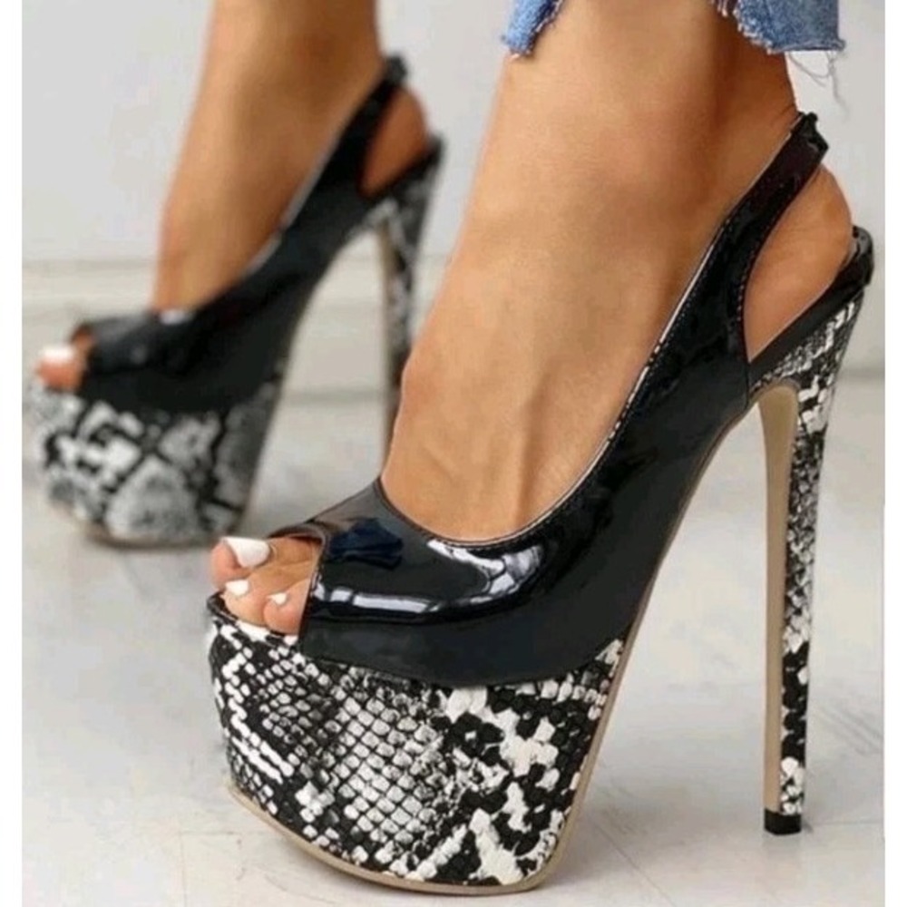 Women's Platform High Heel Peep Toe Slingback Sandals US 6.5 Black‎ White